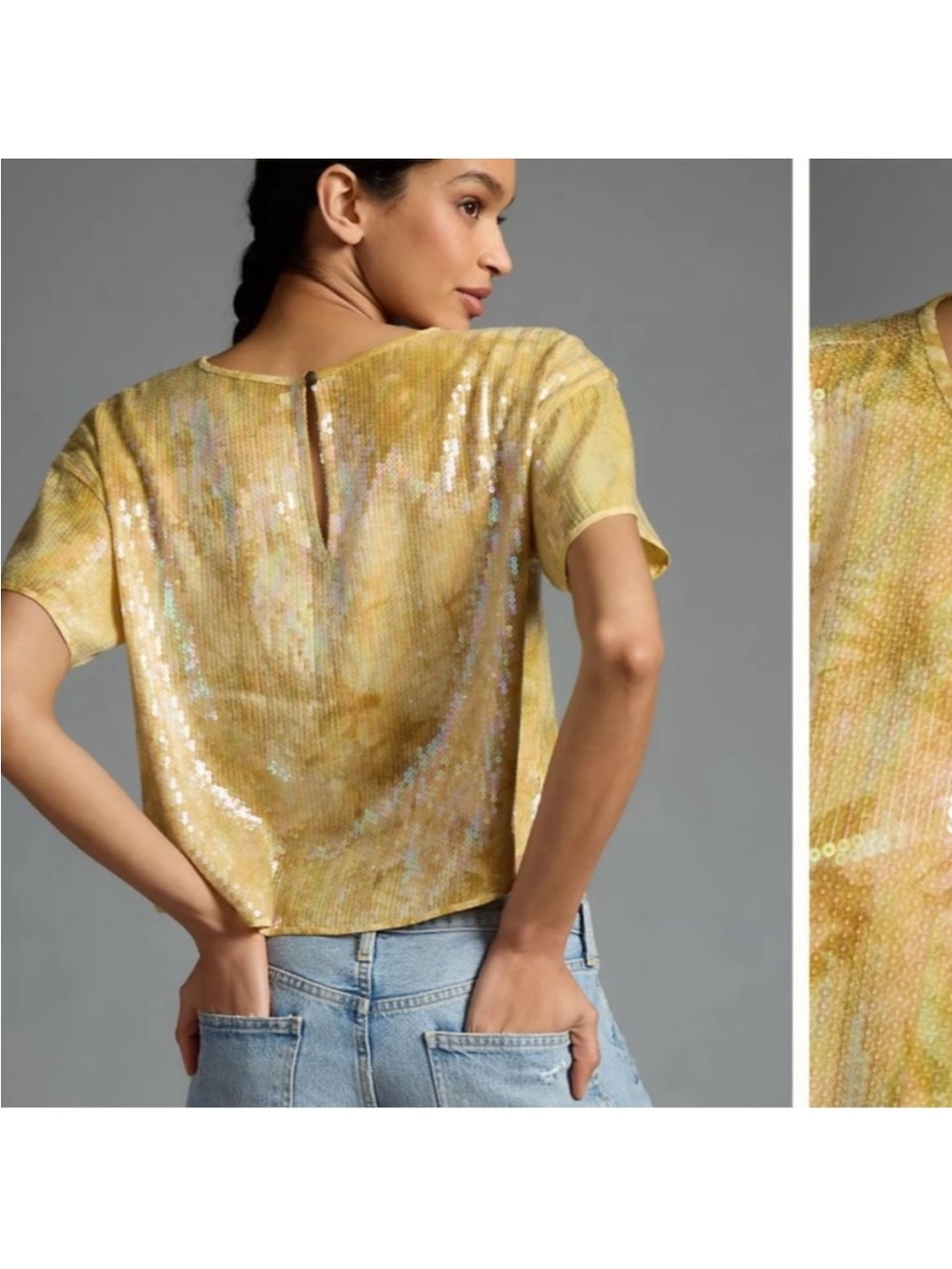 Anthropologie x Pilcro Yellow Sequin top blouse women size Small - Picture 3 of 9